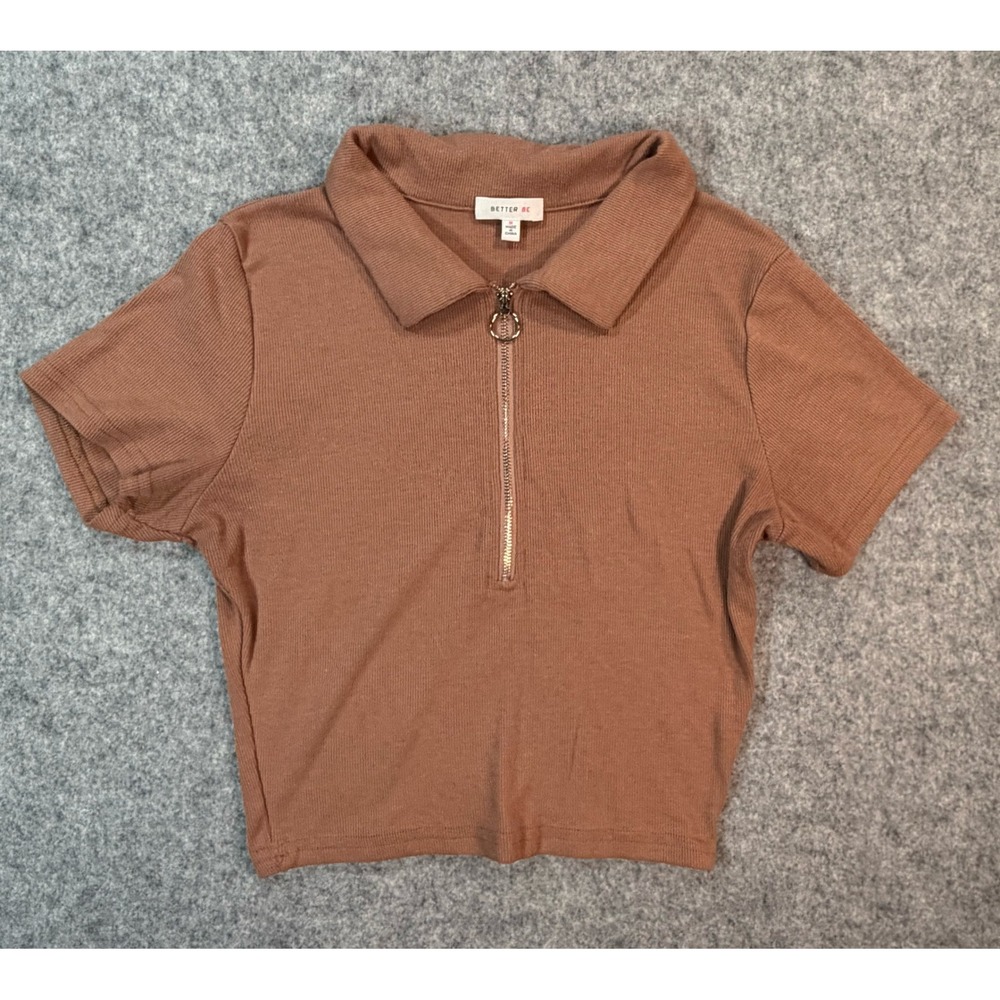 Better Be Womens Brown Ribbed Quarter Zip Polo Crop Top Y2K Size M